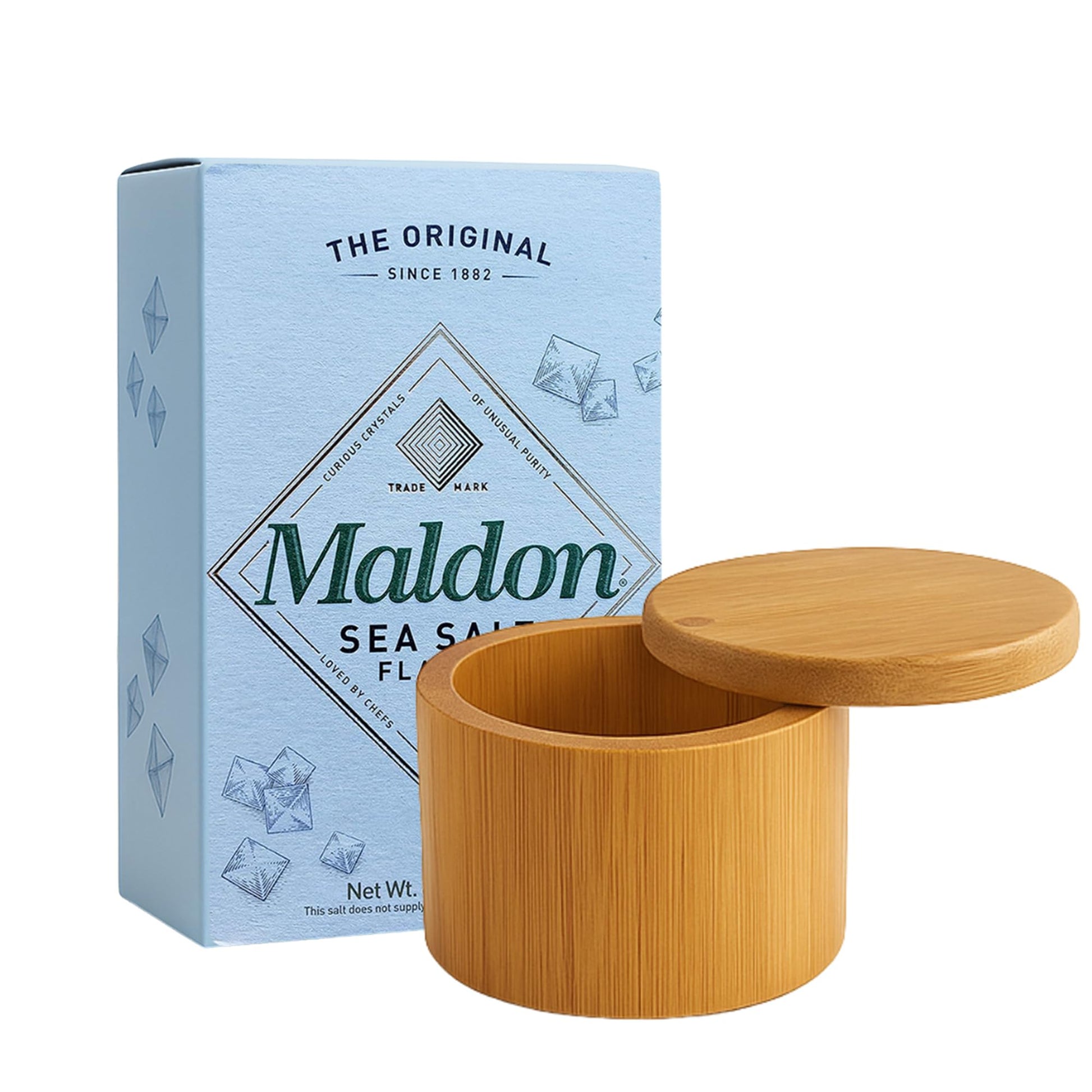 Bamboo Salt Box Cellar Canister Gift Set With Maldon Sea Salt Flakes 8.5 Oz Box - Great For Salts, Spices, Seasonings In Your Gourmet Kitchen By Northward Spirit