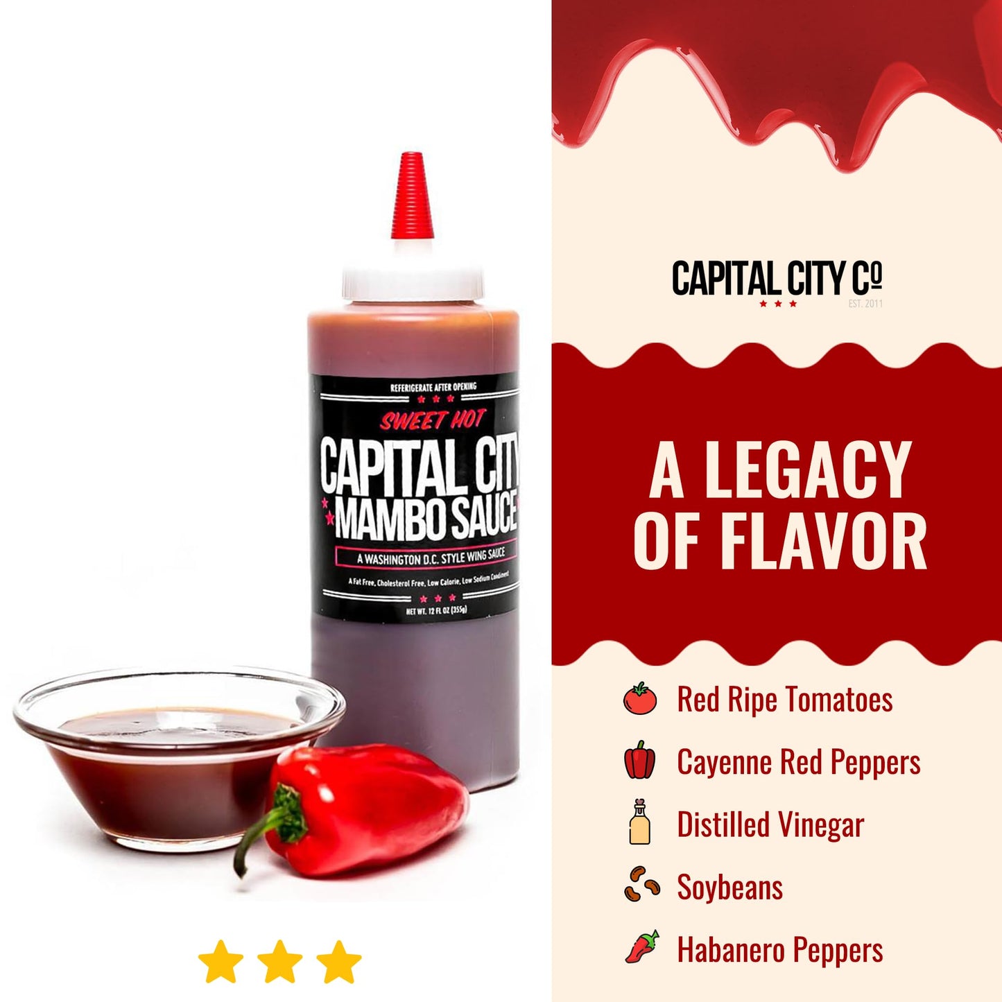 Capital City Mambo Sauce Sweet Hot | Washington Dc Wing Sauces | Perfect Condiment For Wings, Chicken, Pork, Beef, Seafood, Burg