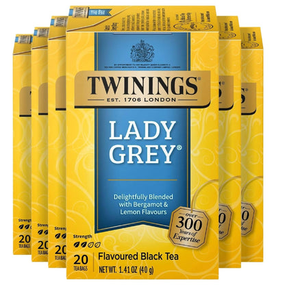 Twinings Lady Grey Black Tea Individually Wrapped Bags, 20 Count (Pack of 6), Orange & Lemon Peel with a Hint of Bergamot, Caffe
