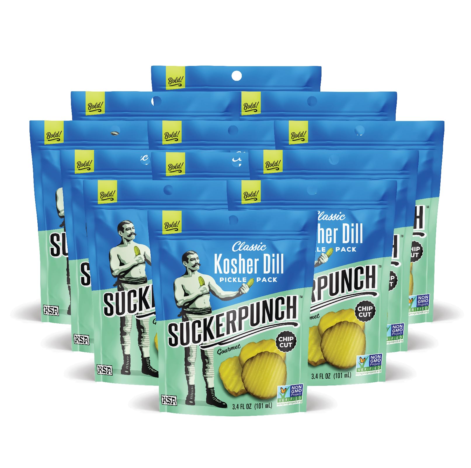 Suckerpunch Classic Dill Pickle Chips, Snack Pack, Gluten Free, Kosher, Sugar Free, Low Calorie, Low Carb, Ready To Eat, On The Go, Non Gmo, Keto Friendly, Vegan, 3.4 Oz, Single Serve Pouch (12 Pack)