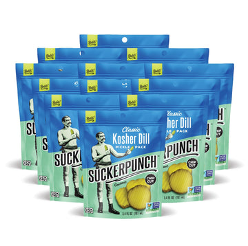 Suckerpunch Classic Dill Pickle Chips, Snack Pack, Gluten Free, Kosher, Sugar Free, Low Calorie, Low Carb, Ready To Eat, On The Go, Non Gmo, Keto Friendly, Vegan, 3.4 Oz, Single Serve Pouch (12 Pack)