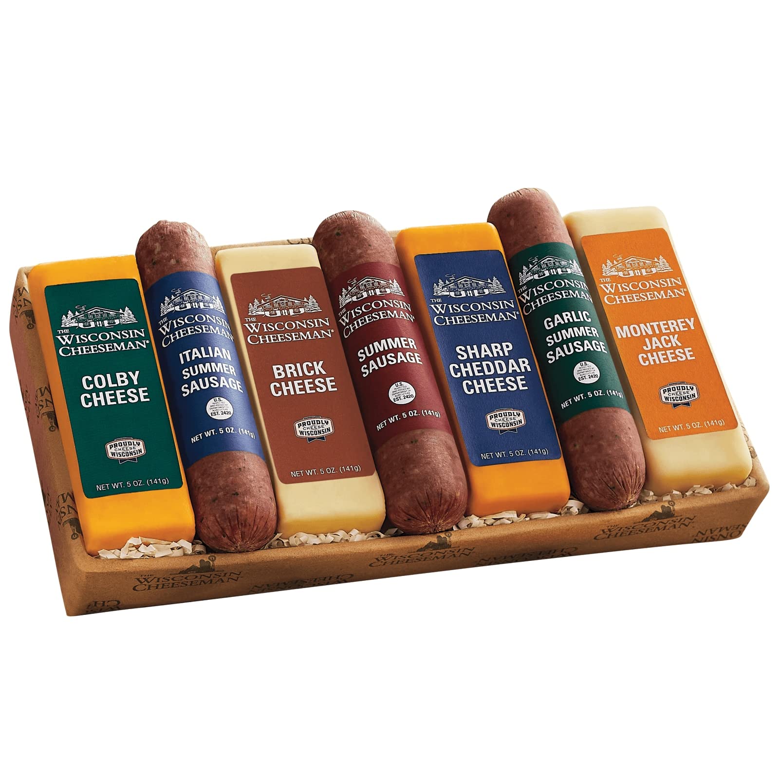 Wisconsin Cheeseman Meat and Cheese Combo Gift Basket - 7 Piece Set with Summer Sausages, Cheddar, and Charcuterie Boards