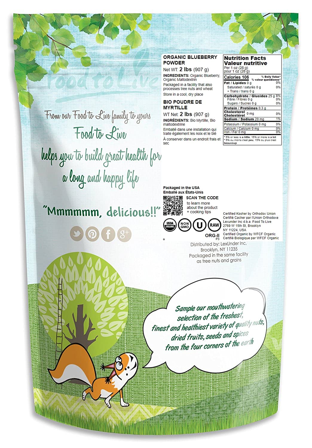 Food to Live Organic Blueberry Powder, 2 Pounds - Non-GMO, Unsulfured, Raw, Vegan, Bulk, Great for Juices, Smoothies, and Instan