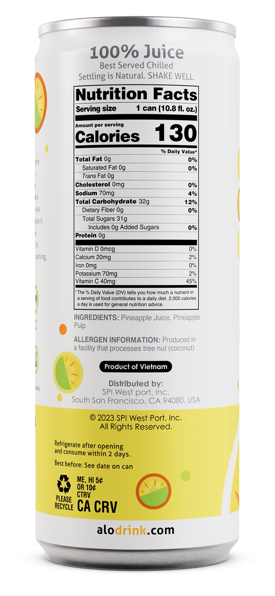 ALO Slim Can Juice, Pineapple Flavor, 10.82 fl oz, Pack of 12, 100% Natural, Plant-Based Beverage