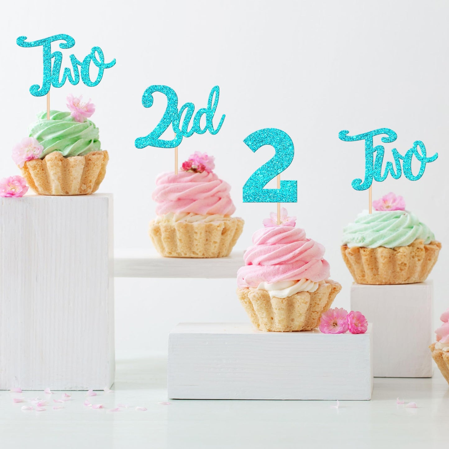 24 Pcs Two Cupcake Toppers Glitter 2Nd Birthday Cupcake Picks Number 2 Cupcake Decorations For Baby Shower Kids Second Birthday
