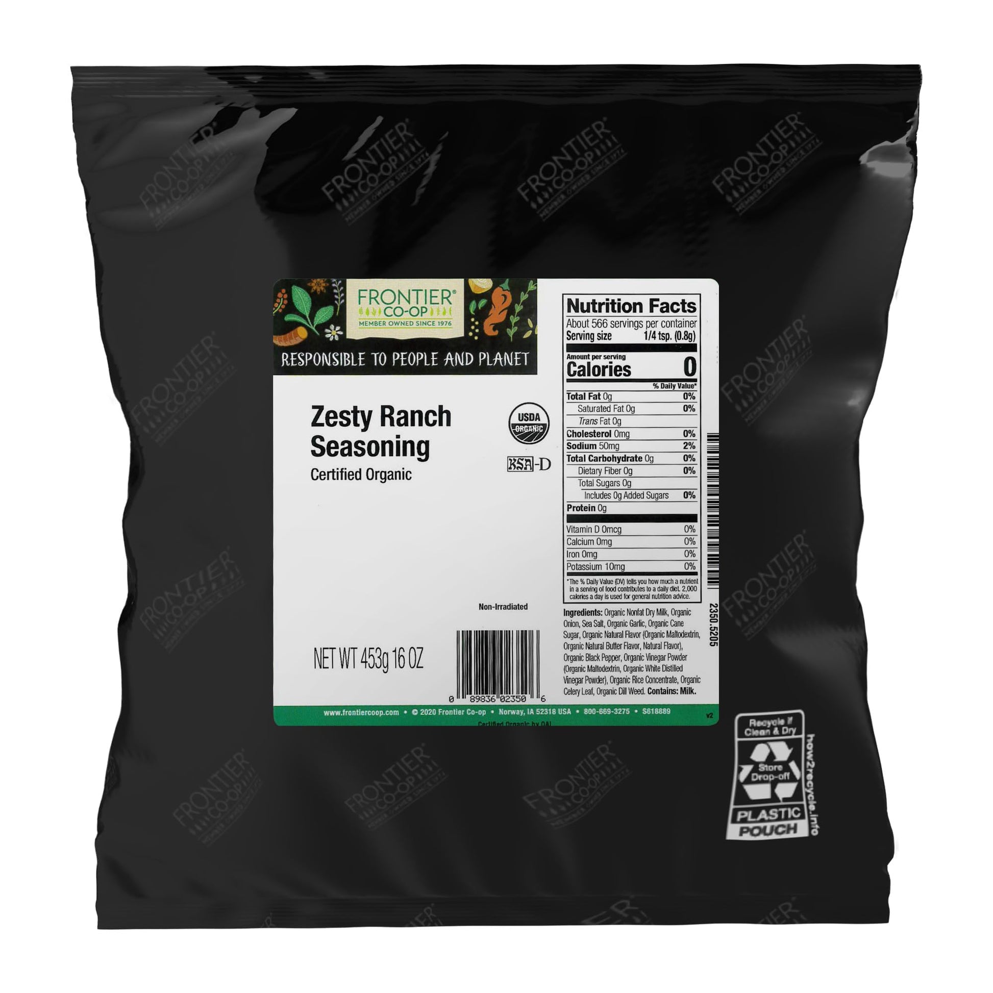 Frontier Co-op Organic Zesty Ranch Seasoning, Bulk Bag, Creamy Garlic and Herb Blend with Onion, Dill, and Celery for Dips, Chic