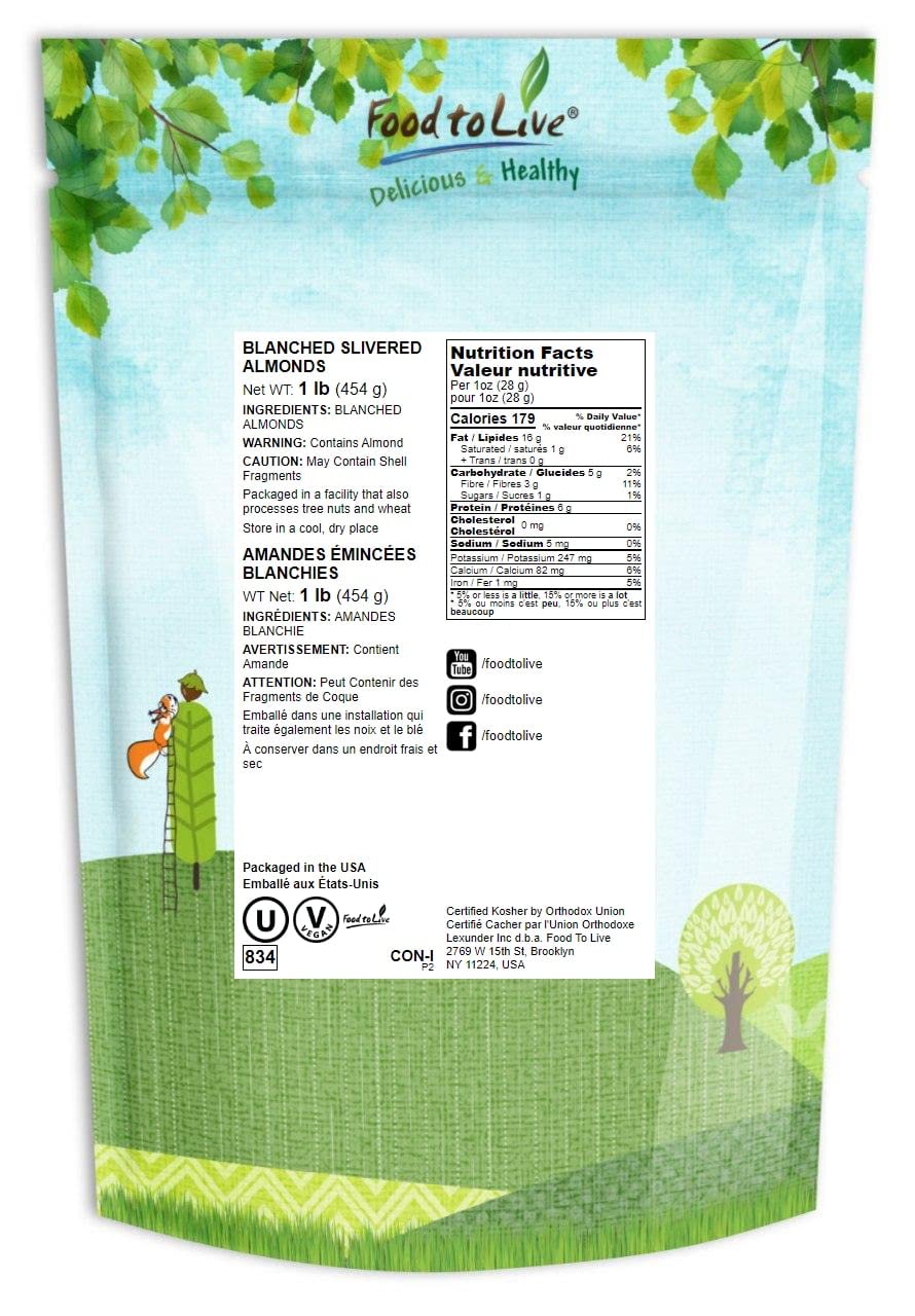 Food To Live - Blanched Slivered Almonds, 1 Pound Chopped Raw Blanched Almonds, Unsalted, Vegan, Keto, Kosher, Bulk. High In Pro