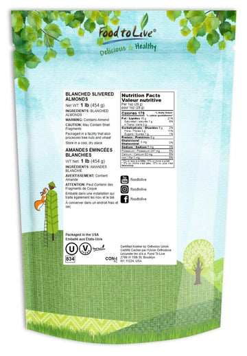 Food To Live - Blanched Slivered Almonds, 1 Pound Chopped Raw Blanched Almonds, Unsalted, Vegan, Keto, Kosher, Bulk. High In Pro