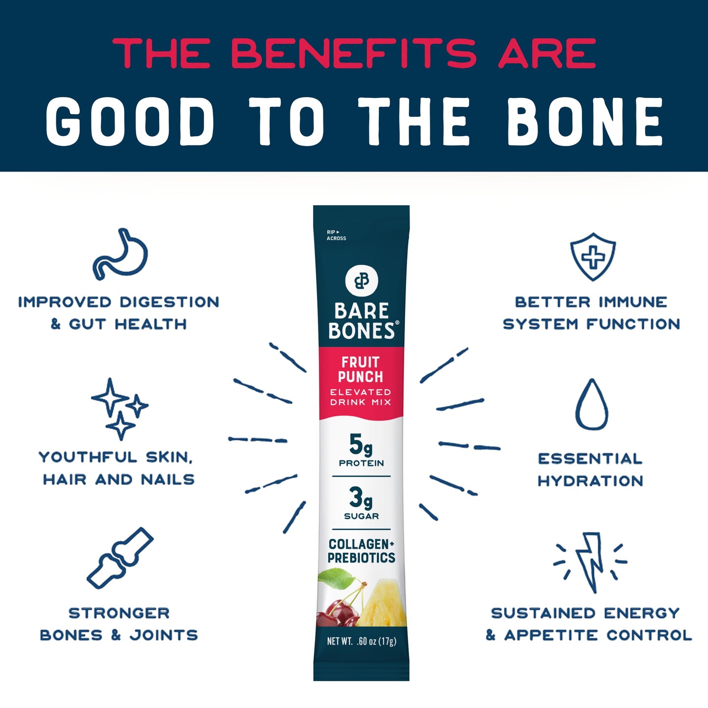 Bare Bones Fruit Punch Elevated Drink Mix | Collagen & Prebiotics | Gluten-Free & Naturally Sweetened | On-The-Go Stick Single-S