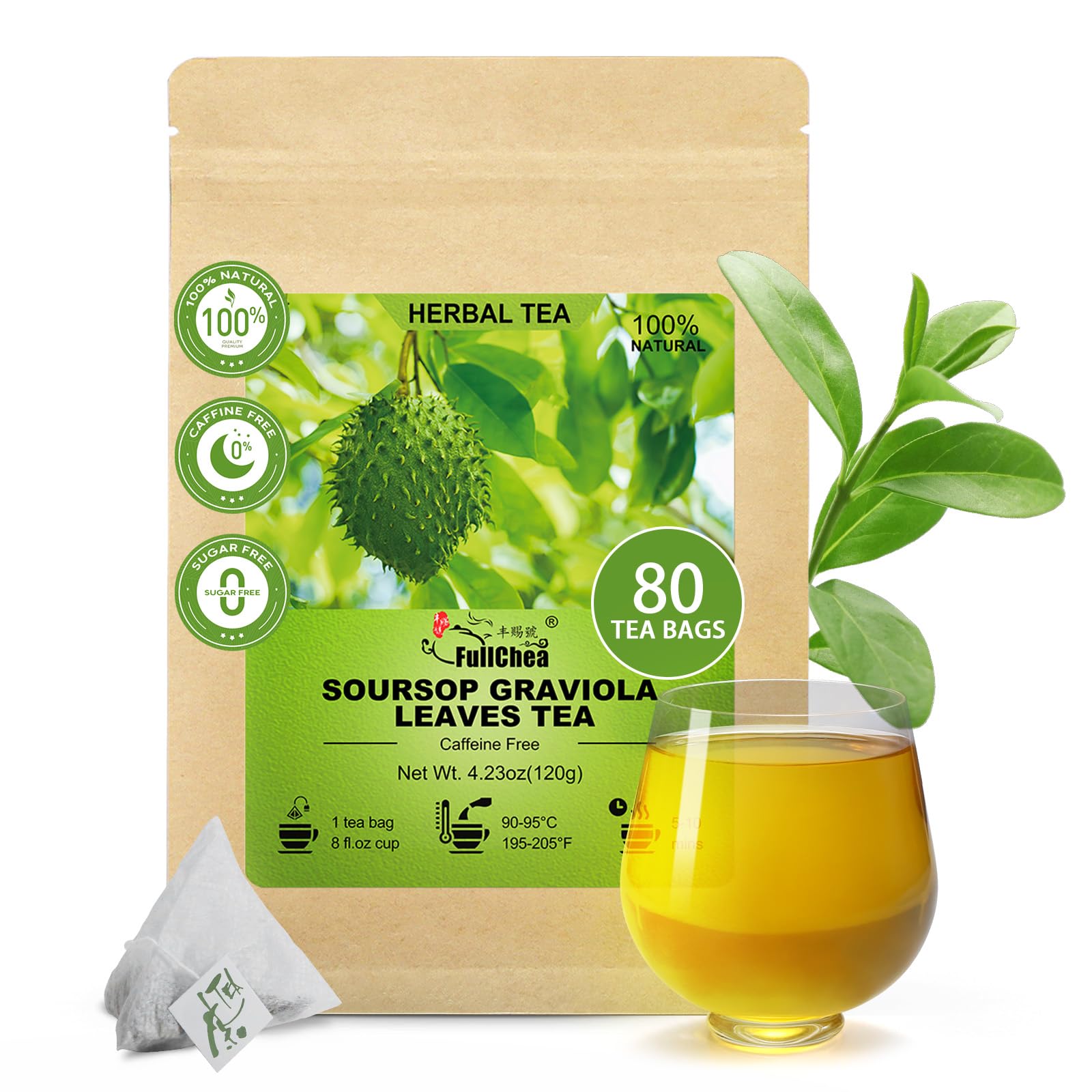 Fullchea - Soursop Leaves Tea Bags  80 Counts - Top-Grade Hojas De Guanabana Tea - Non-Gmo - Energy Blend-Free - Improve Digestion  Support Skin & Sleep