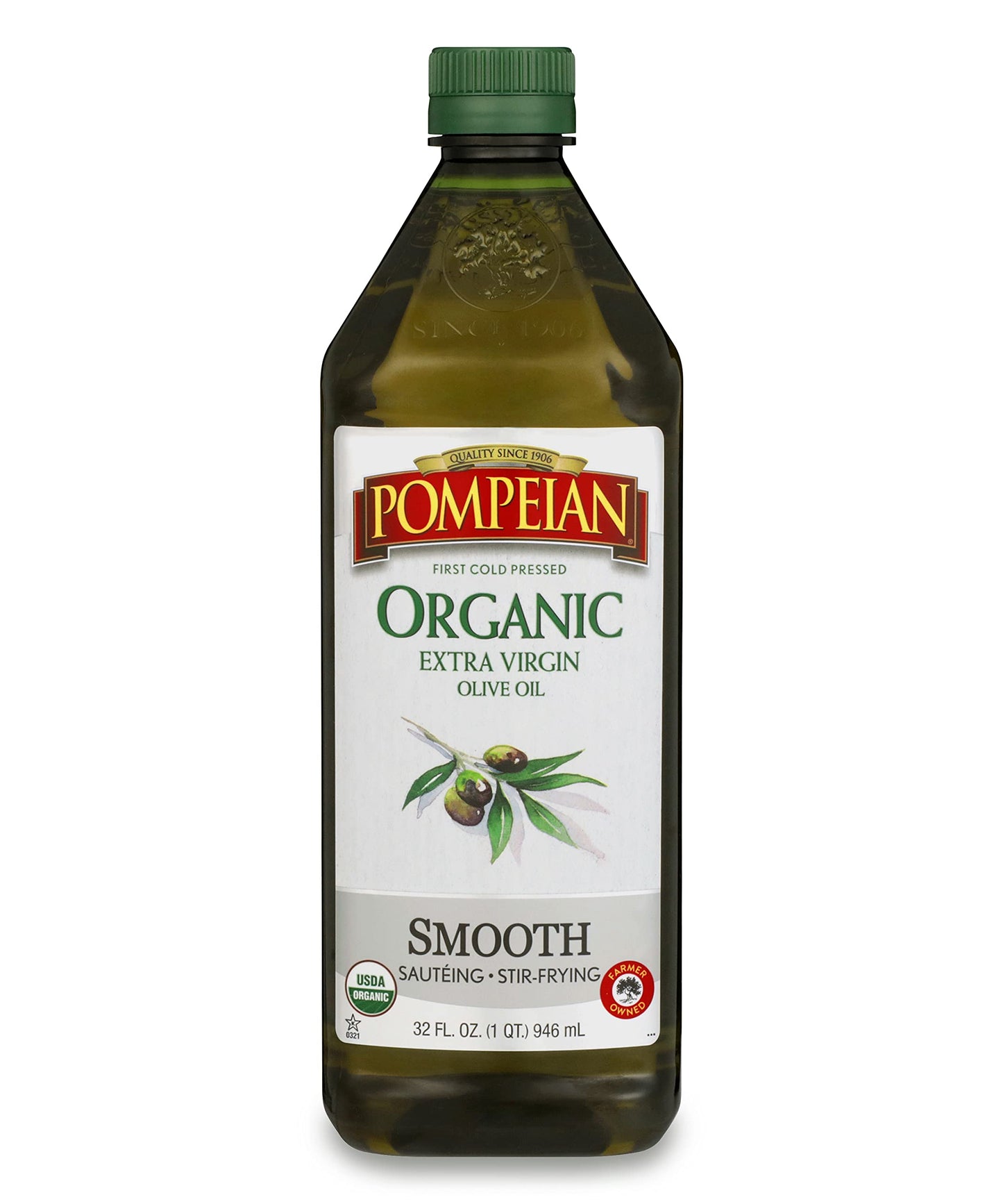 Pompeian Usda Organic Smooth Extra Virgin Olive Oil, Contains Polyphenols, First Cold Pressed, Smooth, Delicate Flavor, Perfect For Sautéing & Stir-Frying, 32 Fl. Oz