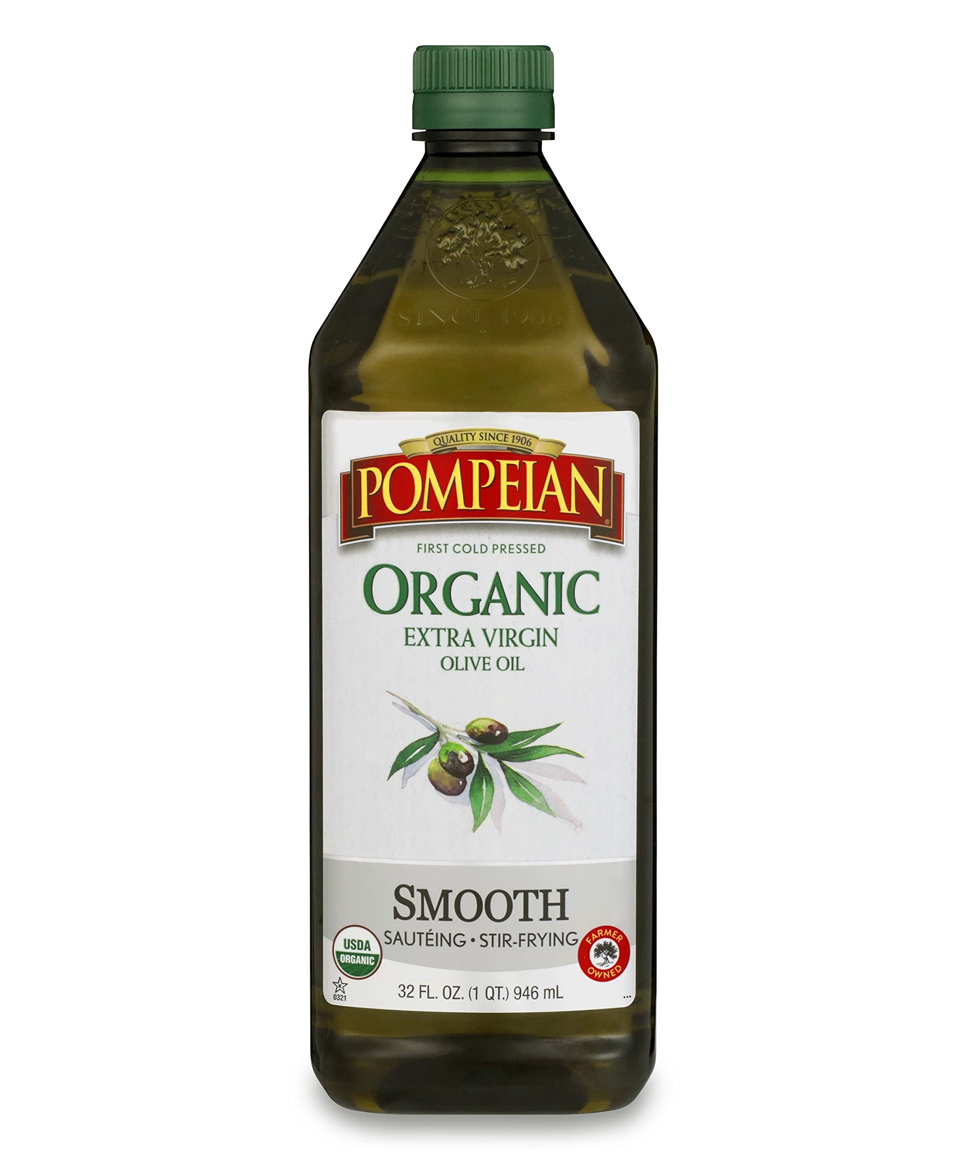 Pompeian Usda Organic Smooth Extra Virgin Olive Oil, Contains Polyphenols, First Cold Pressed, Smooth, Delicate Flavor, Perfect For Sautéing & Stir-Frying, 32 Fl. Oz