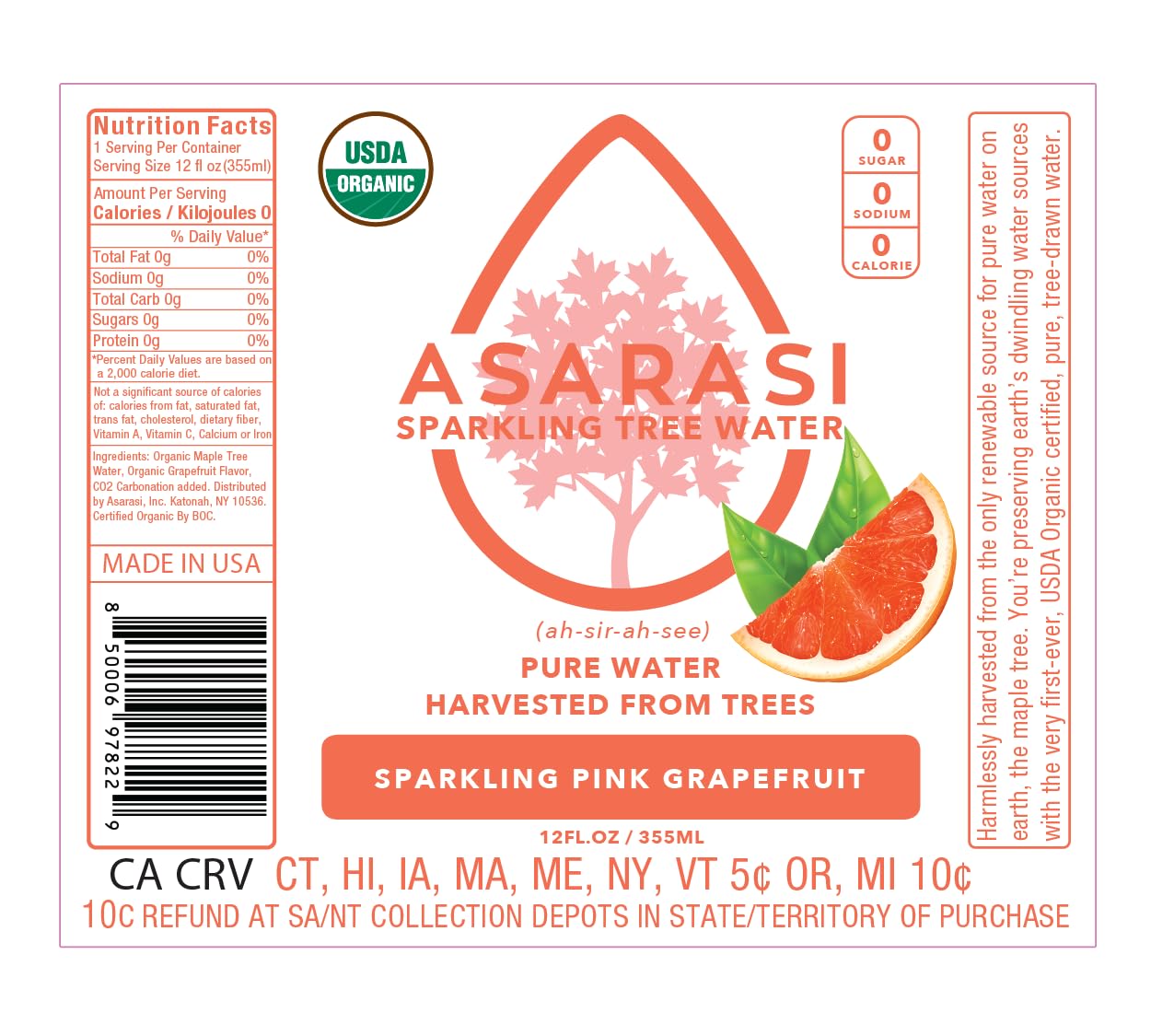 Asarasi Organic Sparkling Pink Grapefruit Tree Water - 12 Pack