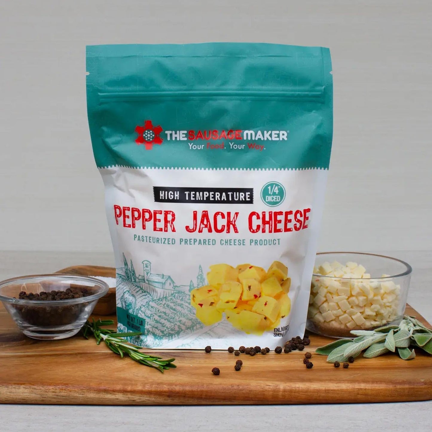 The Sausage Maker High Temp Pepper Jack Cheese, 1/4 inch Diced, 2 Pound (2 x 1lb) for Sausage Making and Grilling
