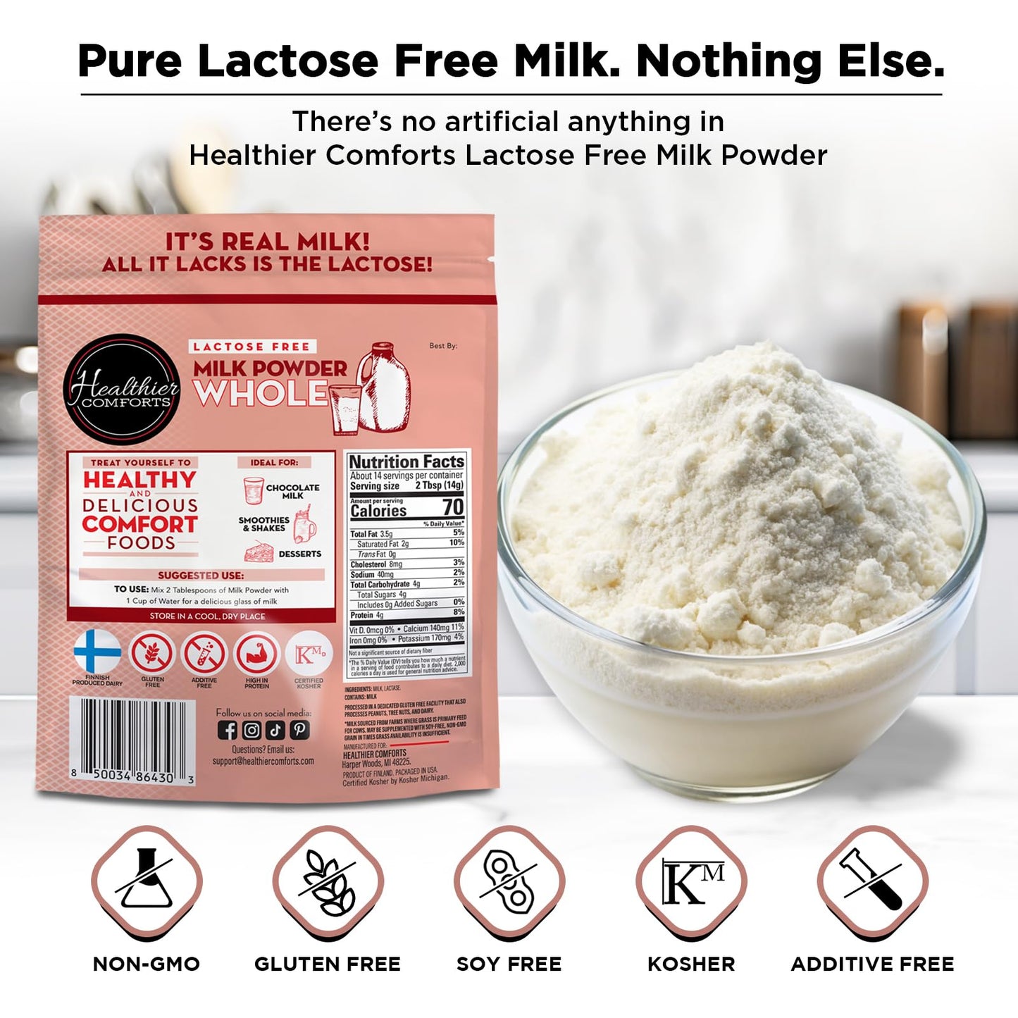 Healthier Comforts Lactose Free Whole Milk Powder, Non-GMO, Gluten Free, 7 Ounce