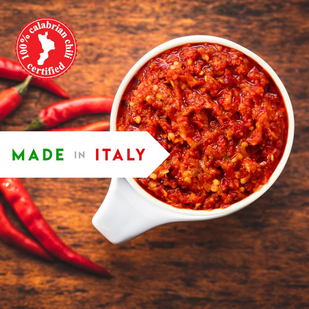 Crushed Calabrian Chili Peppers Paste, 9.8 oz (280 g) Spread, Chopped, Grown and Packed in Calabria Italy, Authentic Italian, Sp