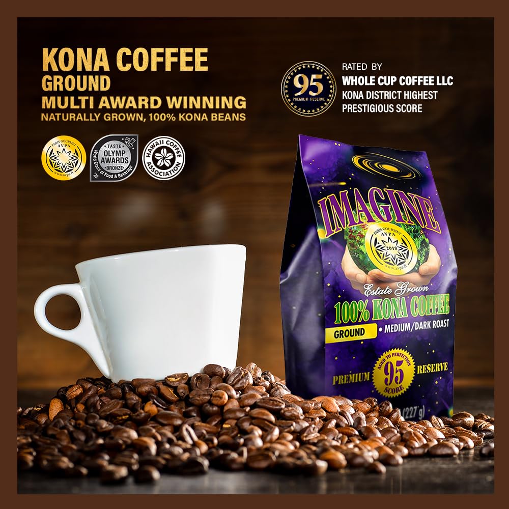 Imagine Kona Organic Coffee Beans | Arabica Kona Beans | Top Grade Air Roasted | Medium Dark Roast | Organic Whole Bean (Ground,