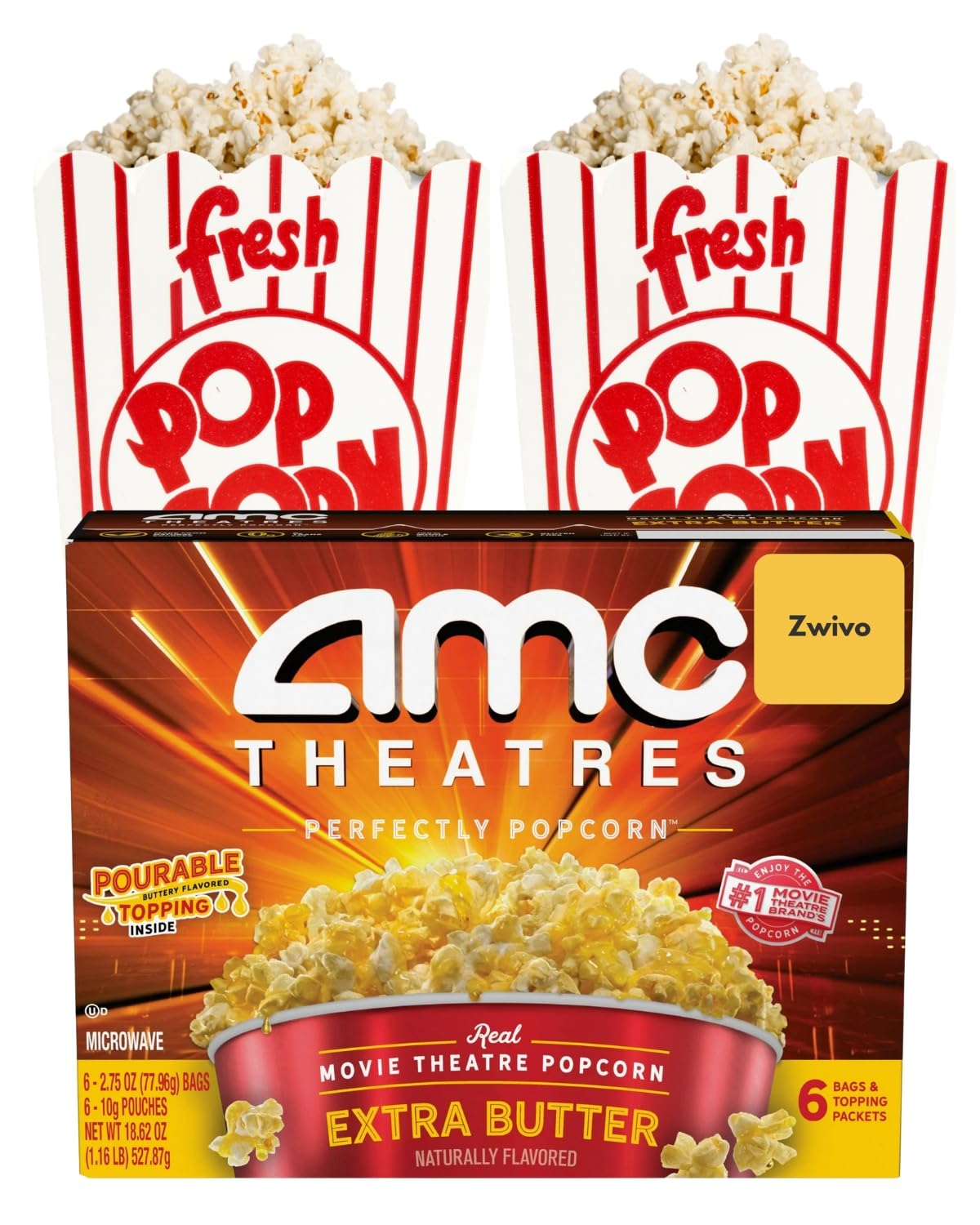 Amc Popcorn Microwave Popcorn Movie Night Basket Gift Set - Extra Butter Flavor, Bundle With 2 Popcorn Bags & Zwivo Sticker