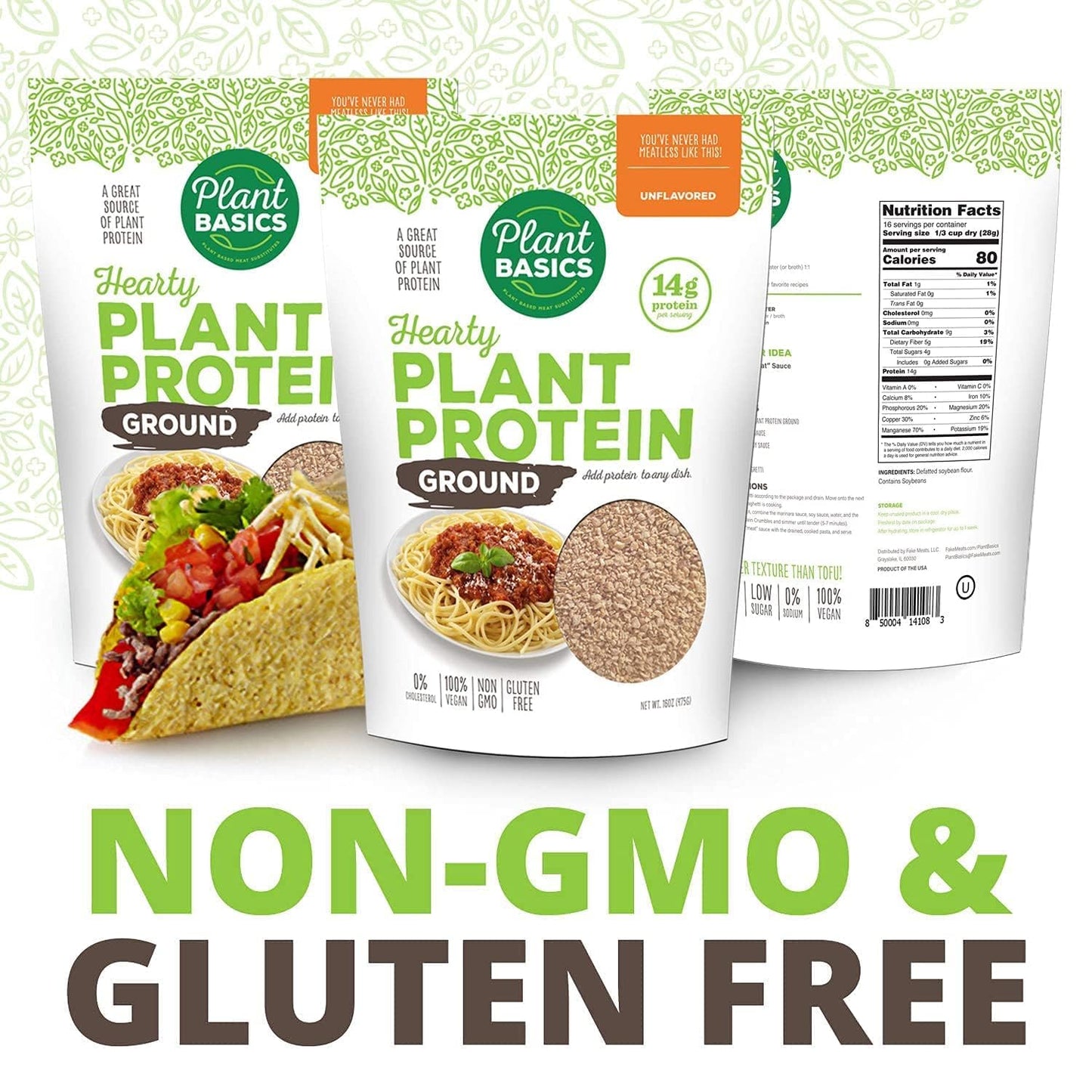 Plant Basics - Hearty Plant Protein - Unflavored Ground, 1 Lb (Pack Of 2), Non-Gmo, Gluten Free, Low Fat, Low Sodium, Vegan, Mea