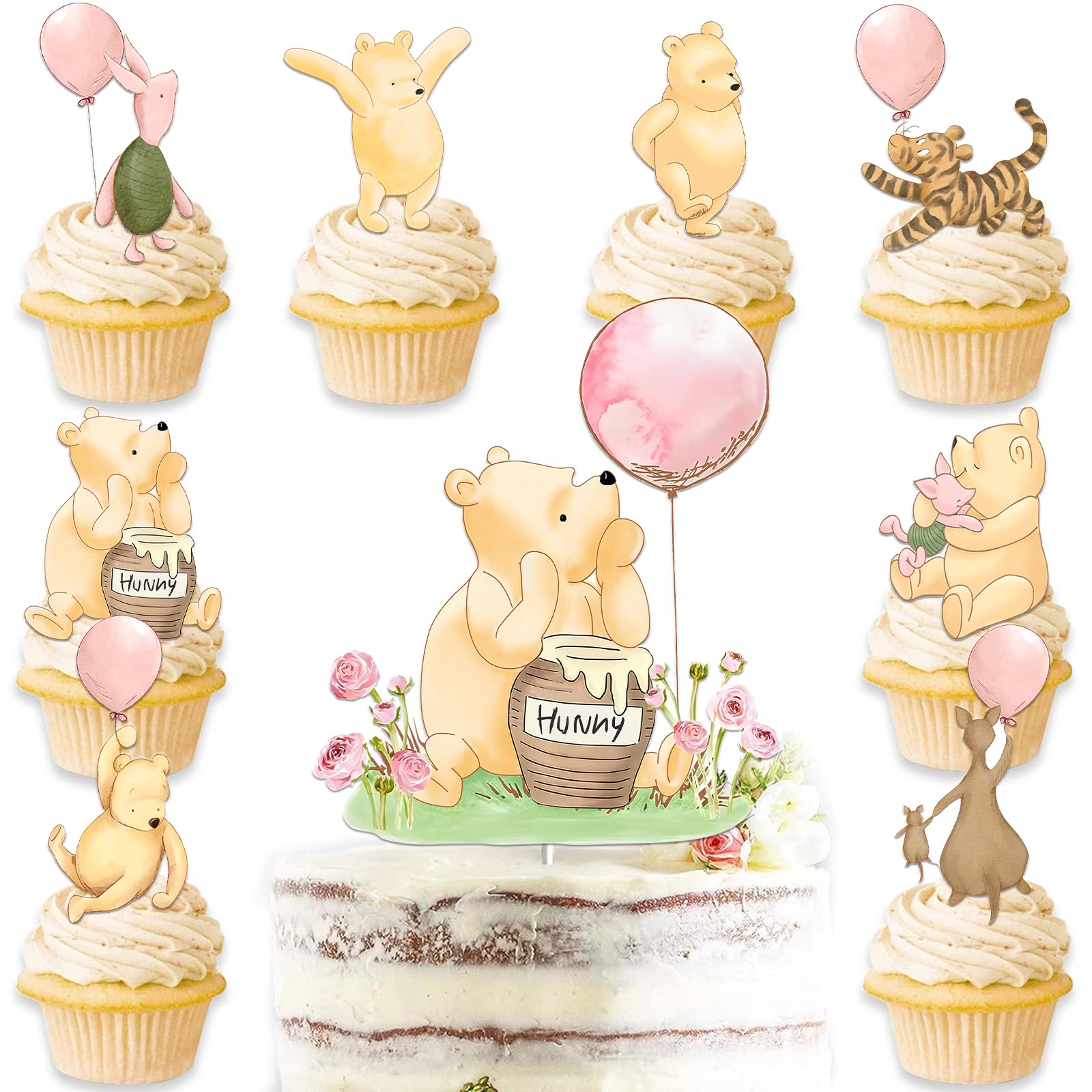 25Pcs Winnie Cake Topper With Cupcake Toppers For Baby Shower Decorations Pink Girls Winnie Birthday Party Decorations