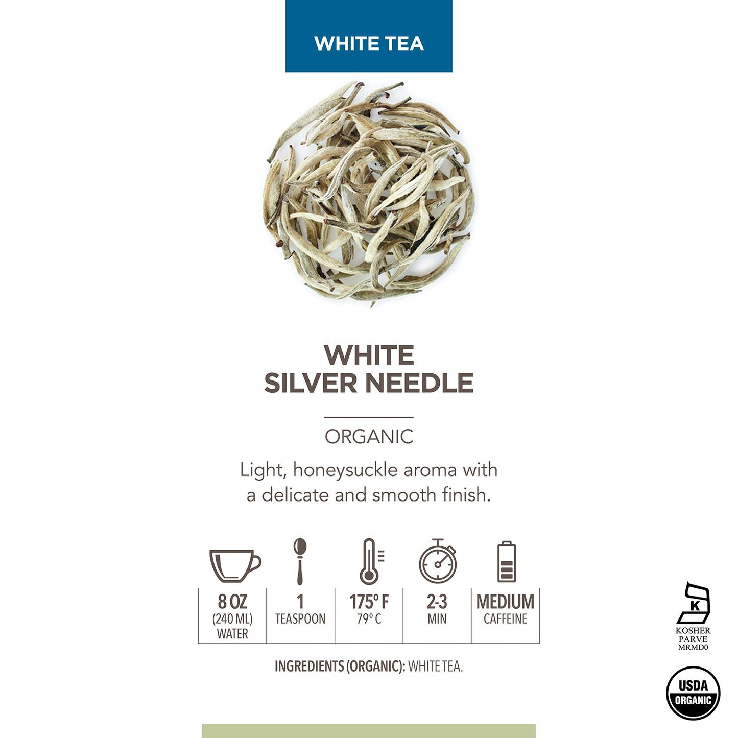 Teabloom Organic White Silver Needle Loose Leaf Tea, USDA Certified, 2.12 oz Canister, Delicate Honeysuckle Notes, Makes 35-50 Cups