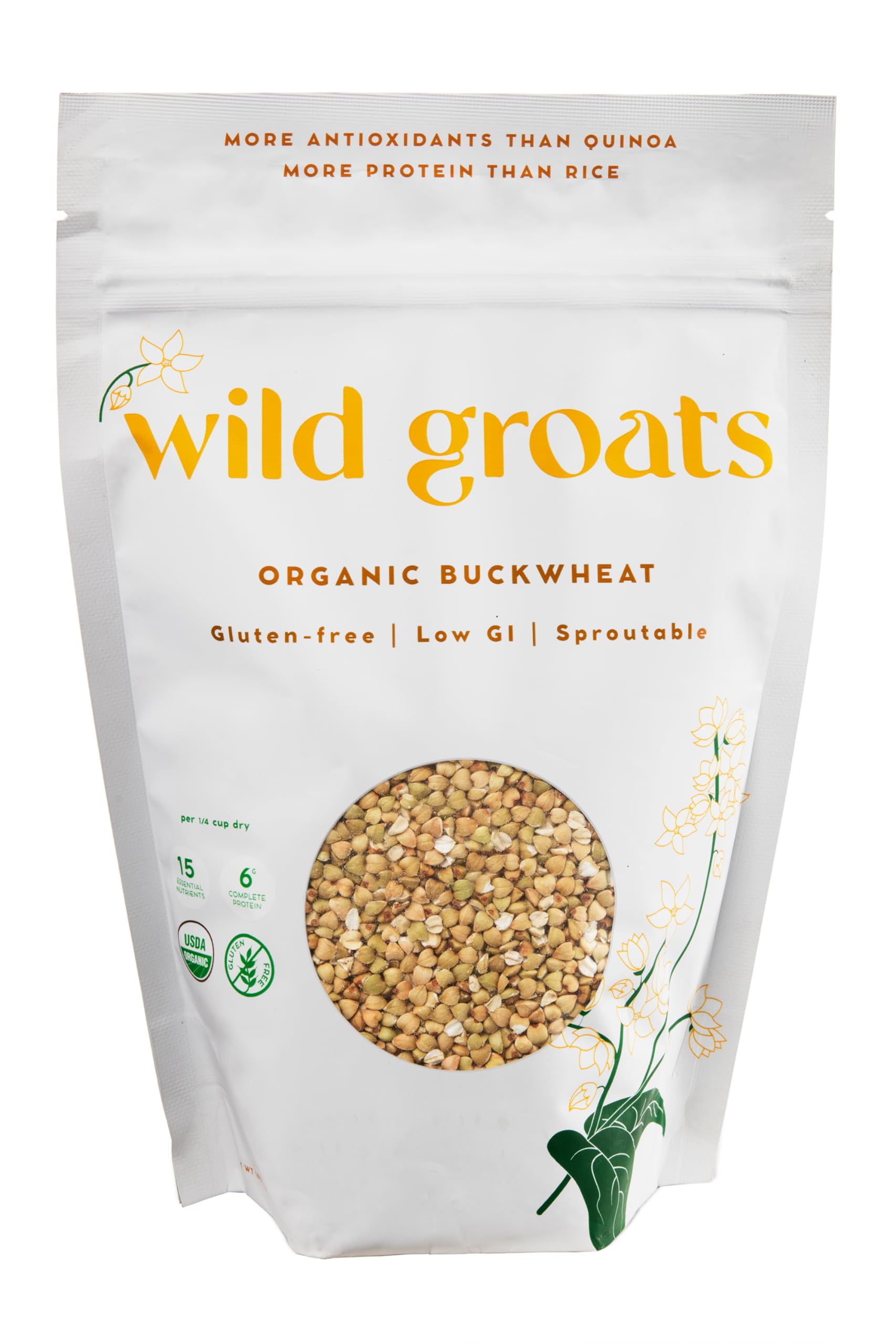 Organic Wild Groats Raw Buckwheat - Grown in USA, Sproutable, 16 Oz. Gluten free, Hulled, Complete Protein, Grain free, Low GI