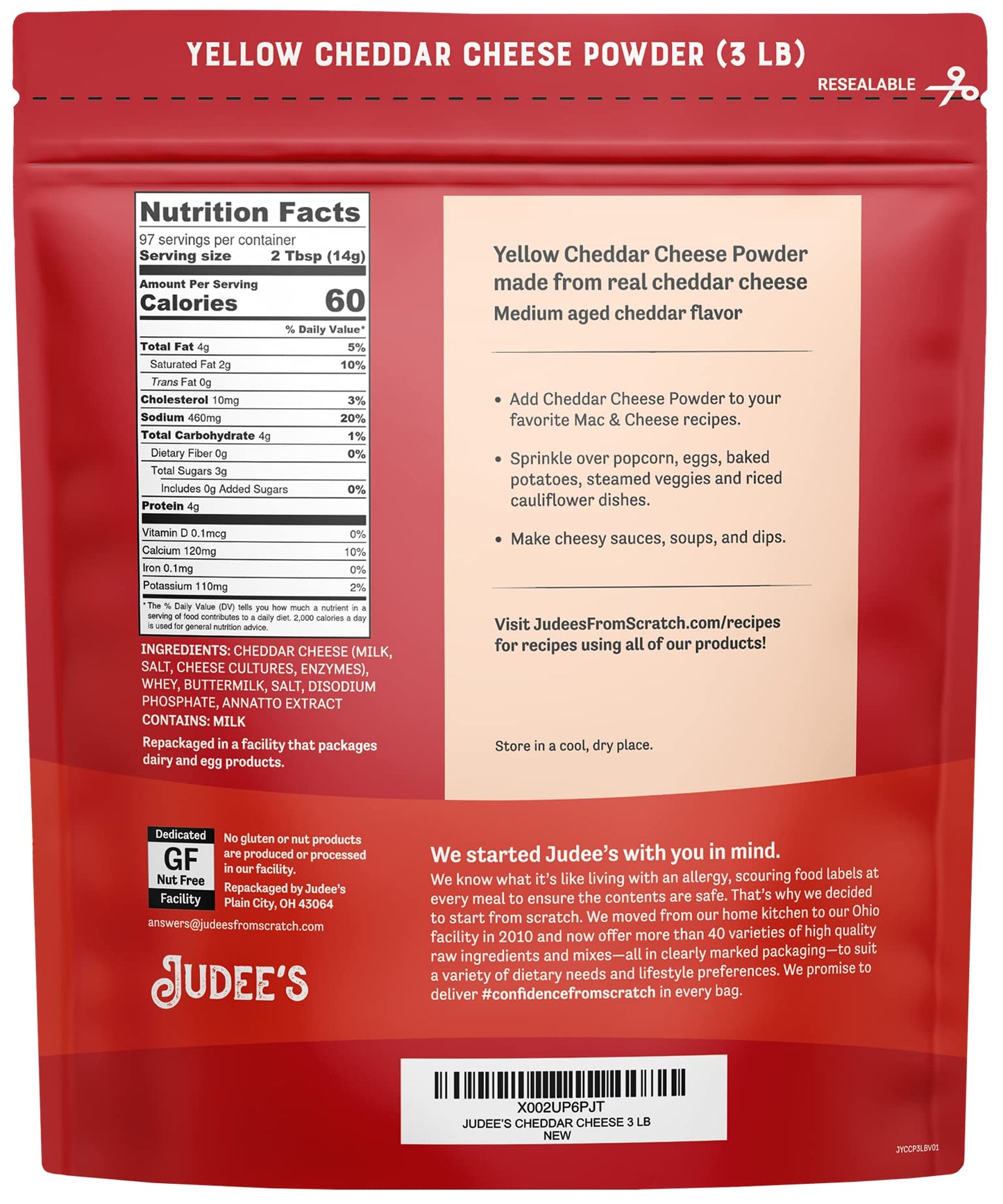 Judee s Gluten Free Yellow Cheddar Cheese Powder - Popcorn & Snack Seasoning - Gluten-Free Nut-Free Powder - 3 lb, Pack of 1