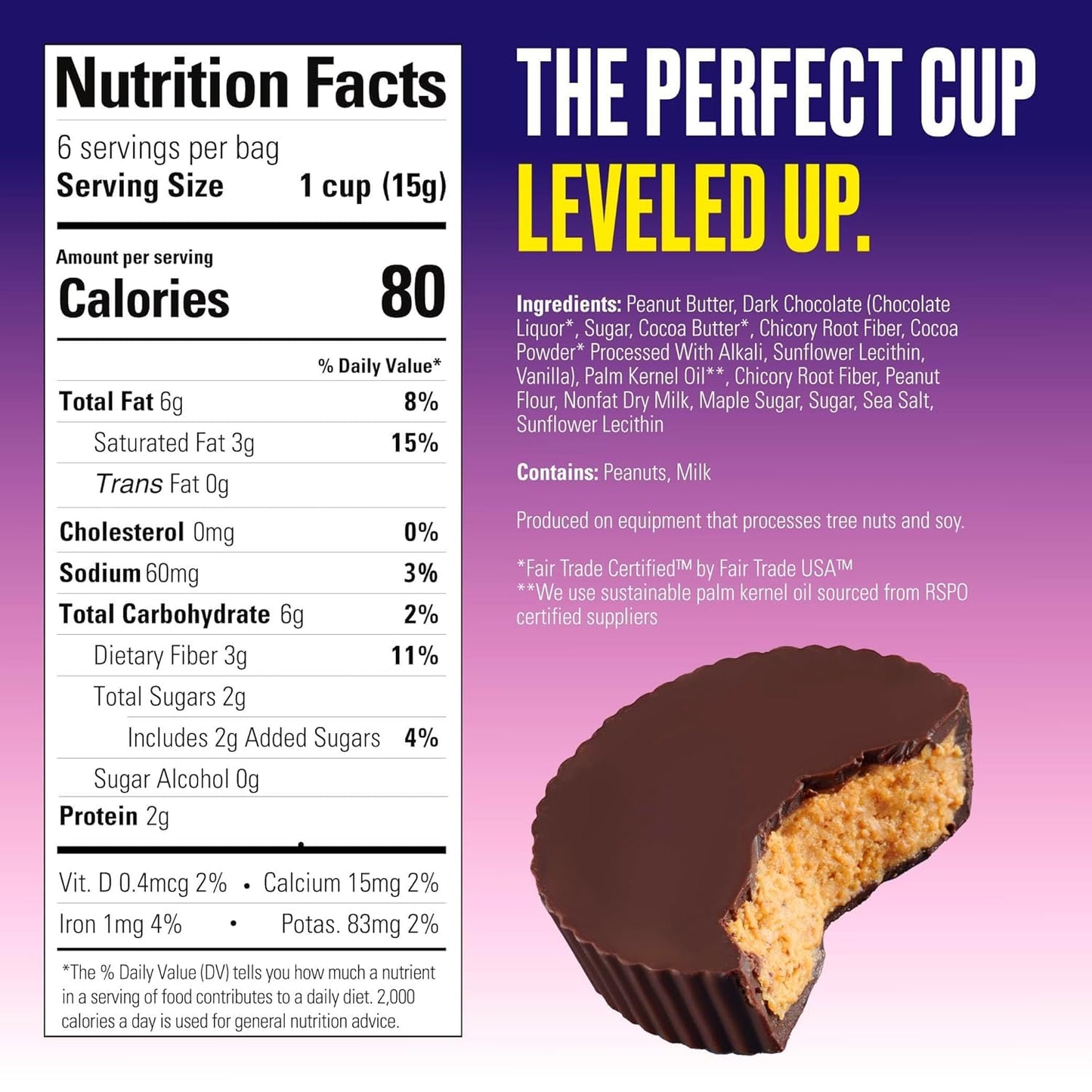 SkinnyDipped Dark Chocolate Peanut Butter Cups, 2g Sugar per Cup, Keto Friendly, No Stevia, Gluten Free, 3.2oz, 1 Pack (6 Cups T