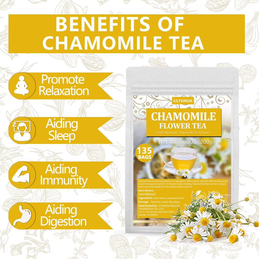 ULTHMOK Chamomile Tea Bags - 100% Pure Natural, Caffeine Free, Non-GMO, 135 Count