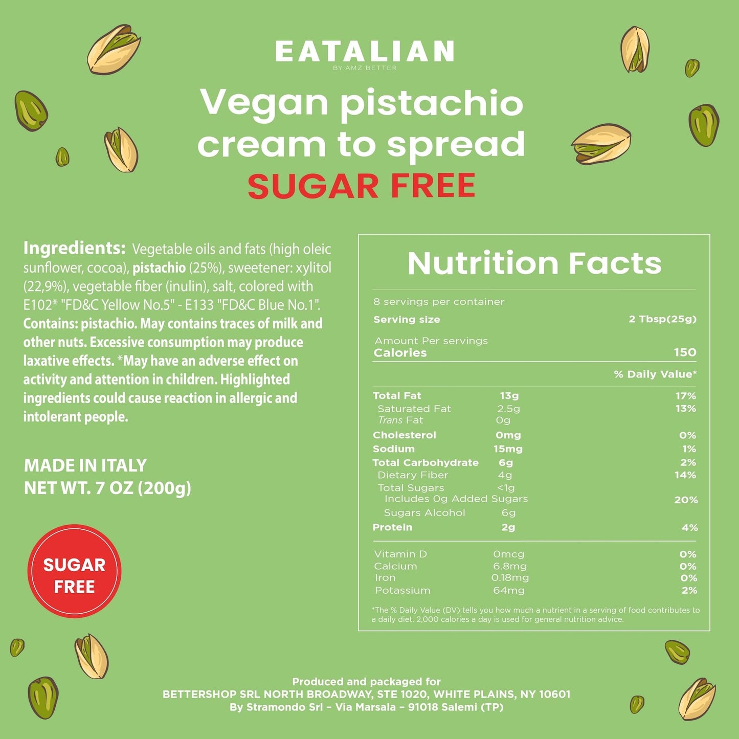 Eatalian By Amz Better Vegan Pistachio Cream Sugar Free, 7 Oz/ 200G, Delicious Sugar Free Vegan Spread, Ideal On Bread, Perfect