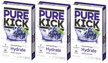 Singles To Go! Pure Kick Hydration Drink Mix Concord Grape  3 Boxes With 6 Packets Each - 18 Total Servings