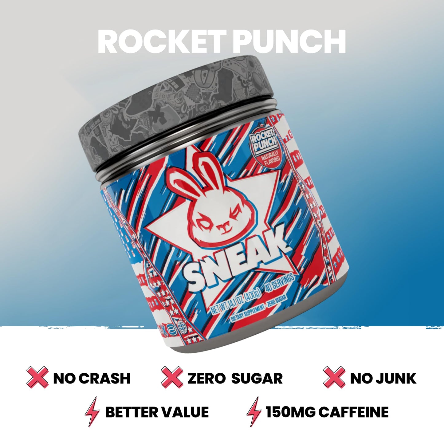 SNEAK Energy Drink Powder - Rocket Punch Flavor, 40 Servings, No Sugar, Natural Caffeine, Blue