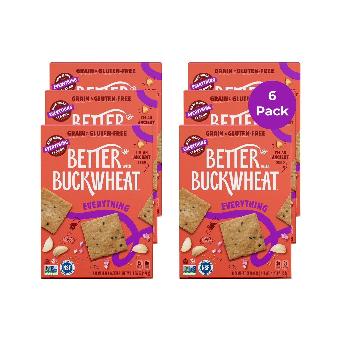 Better with Buckwheat Everything Crackers, 6-Pack - A Complete Protein, Gluten-Free Crackers, Healthy Snack Crackers, Grain-Free