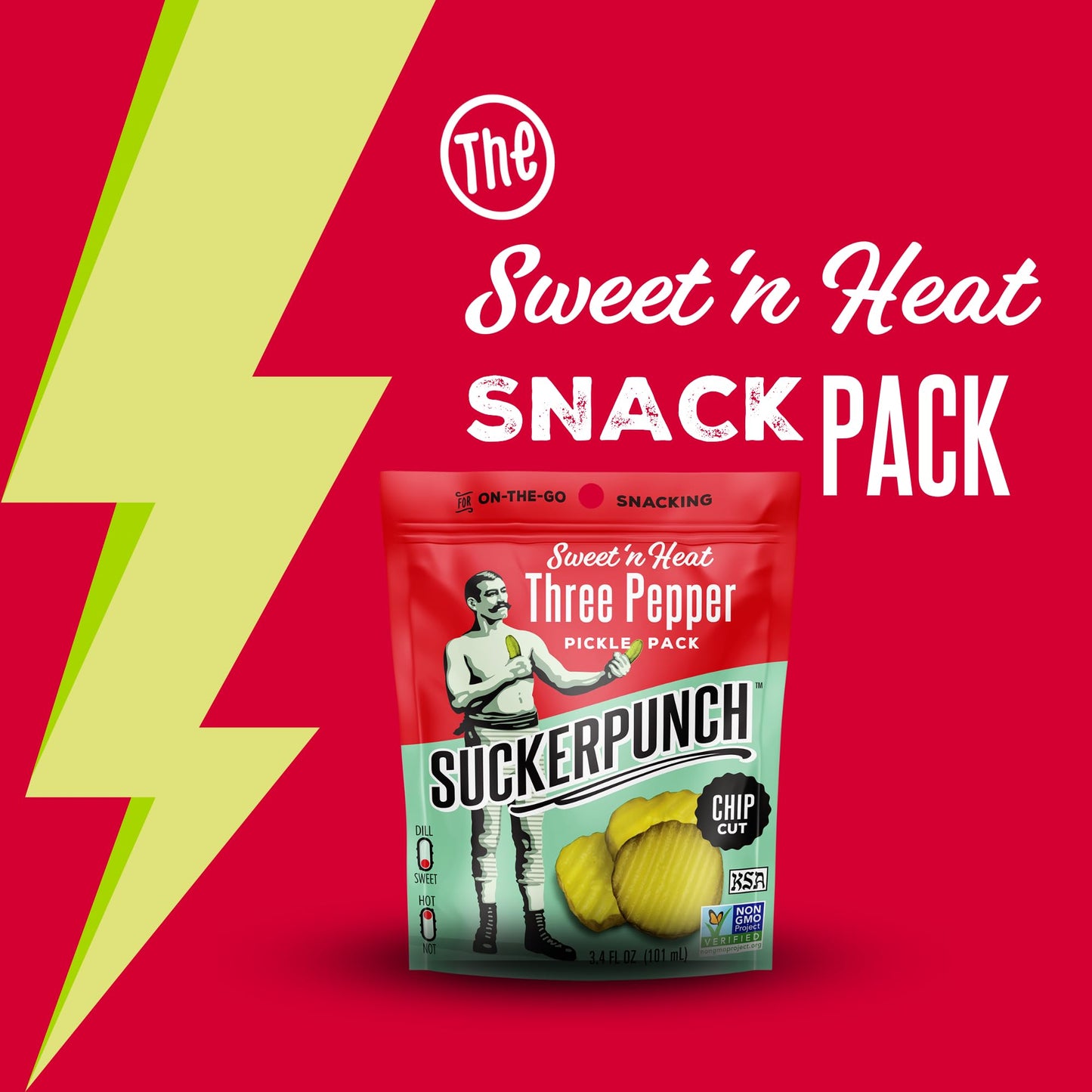 Suckerpunch | Fiery Heat 3-Pepper Chip-Cut | Pickle Pouch Snack Pack | 3.4Oz Single-Serve (12 Units)