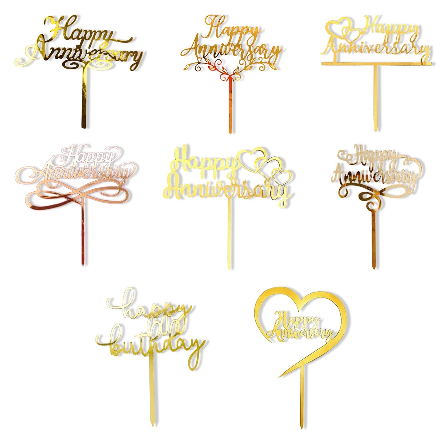 8 Pack Happy Anniversary Cake Topper, Gold Sliver Wedding Anniversary Acrylic Cake Toppers, Happy Anniversary Party Decorating S