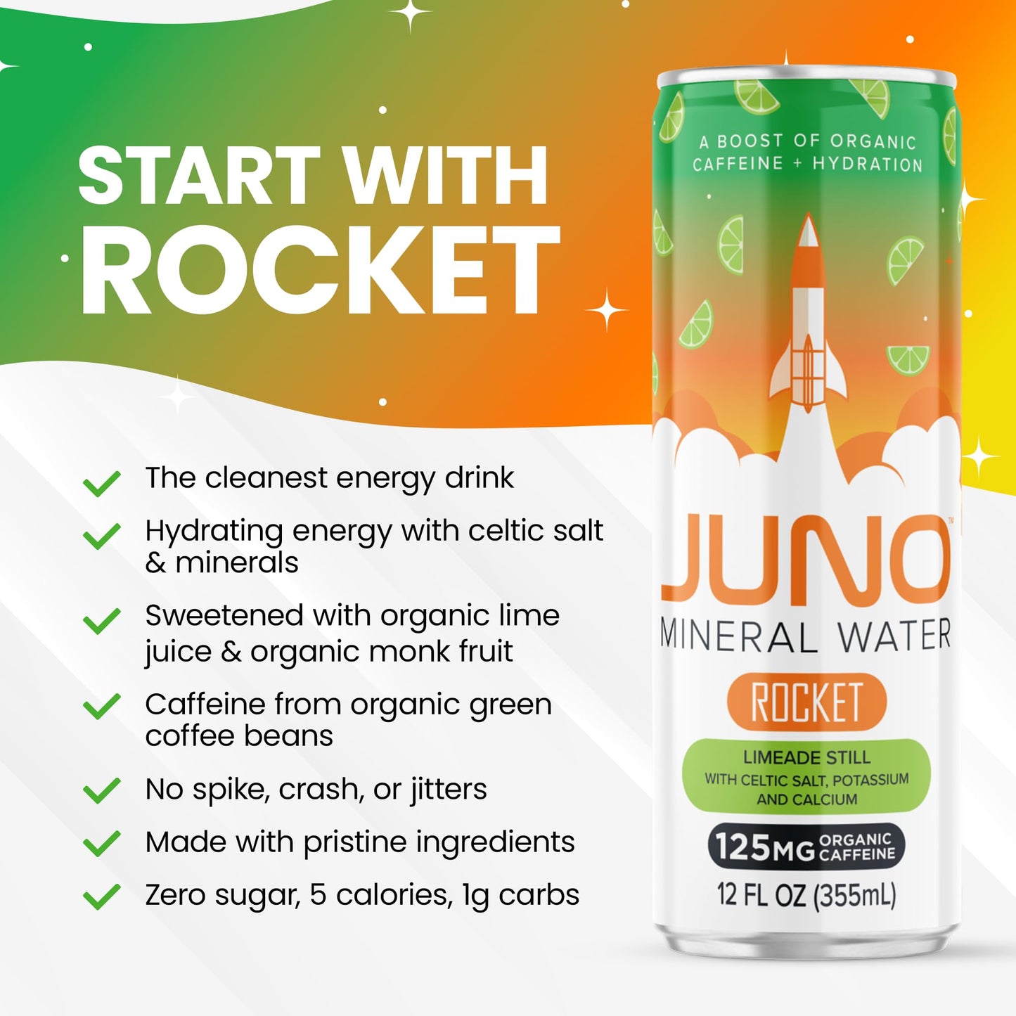 Juno JUNO ENERGY Limeade Still Drink - Sugar Free Electrolytes, Organic Caffeine, Vegan, Gluten Free, 12 Pack of 12oz