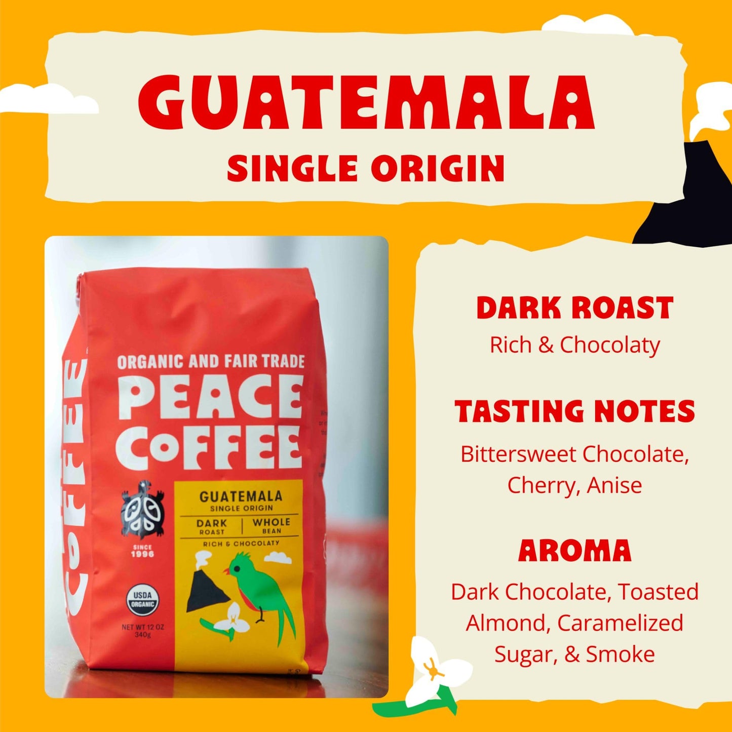 Peace Coffee Guatemala Single Origin Coffee | 20 Oz Ground Dark Roast | Organic Fair Trade | Rich, Chocolatey Flavor | Shade Grown, Fresh Roasted