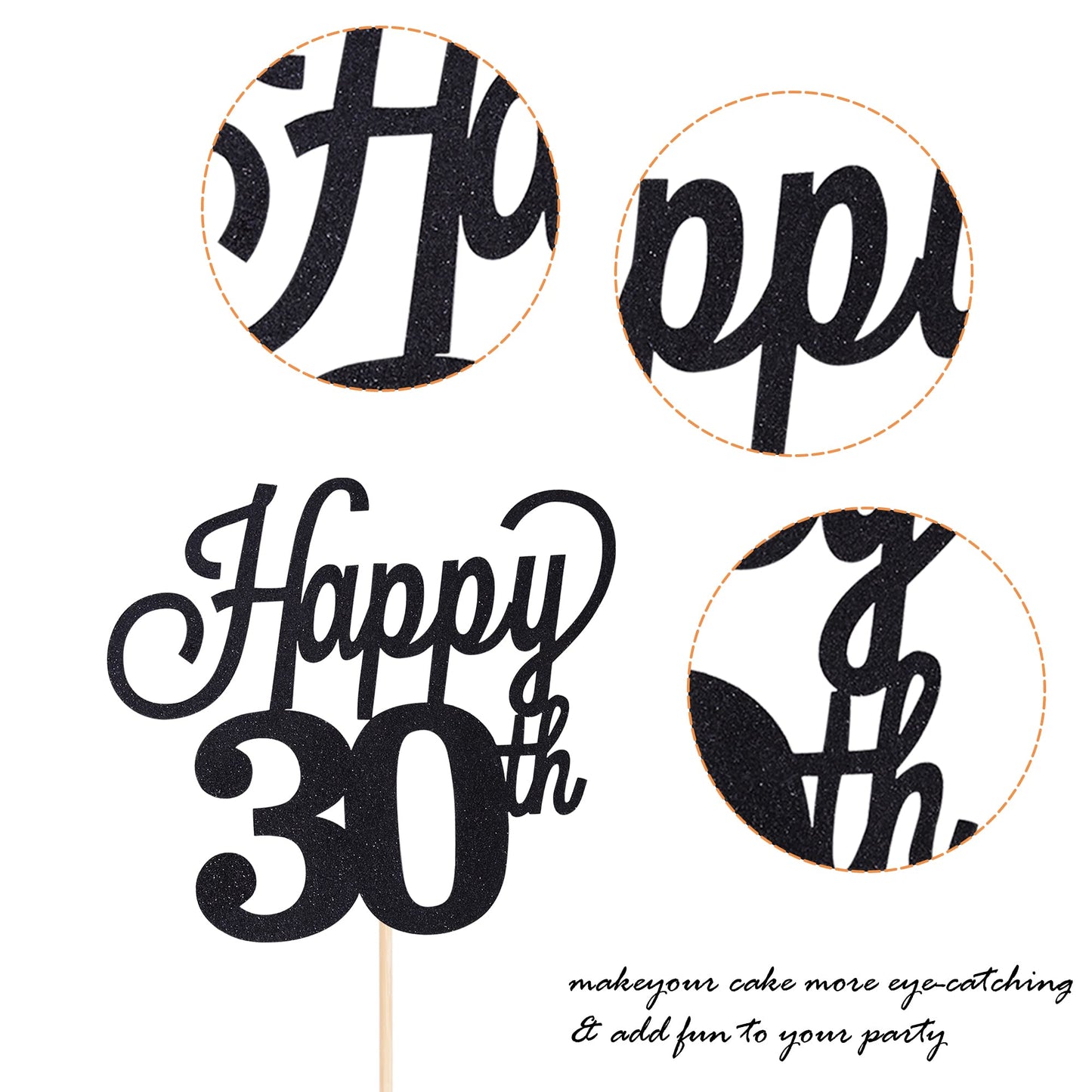 YCTHUNFISH 30th Birthday Cake Topper Black Glitter Paper Decoration Small