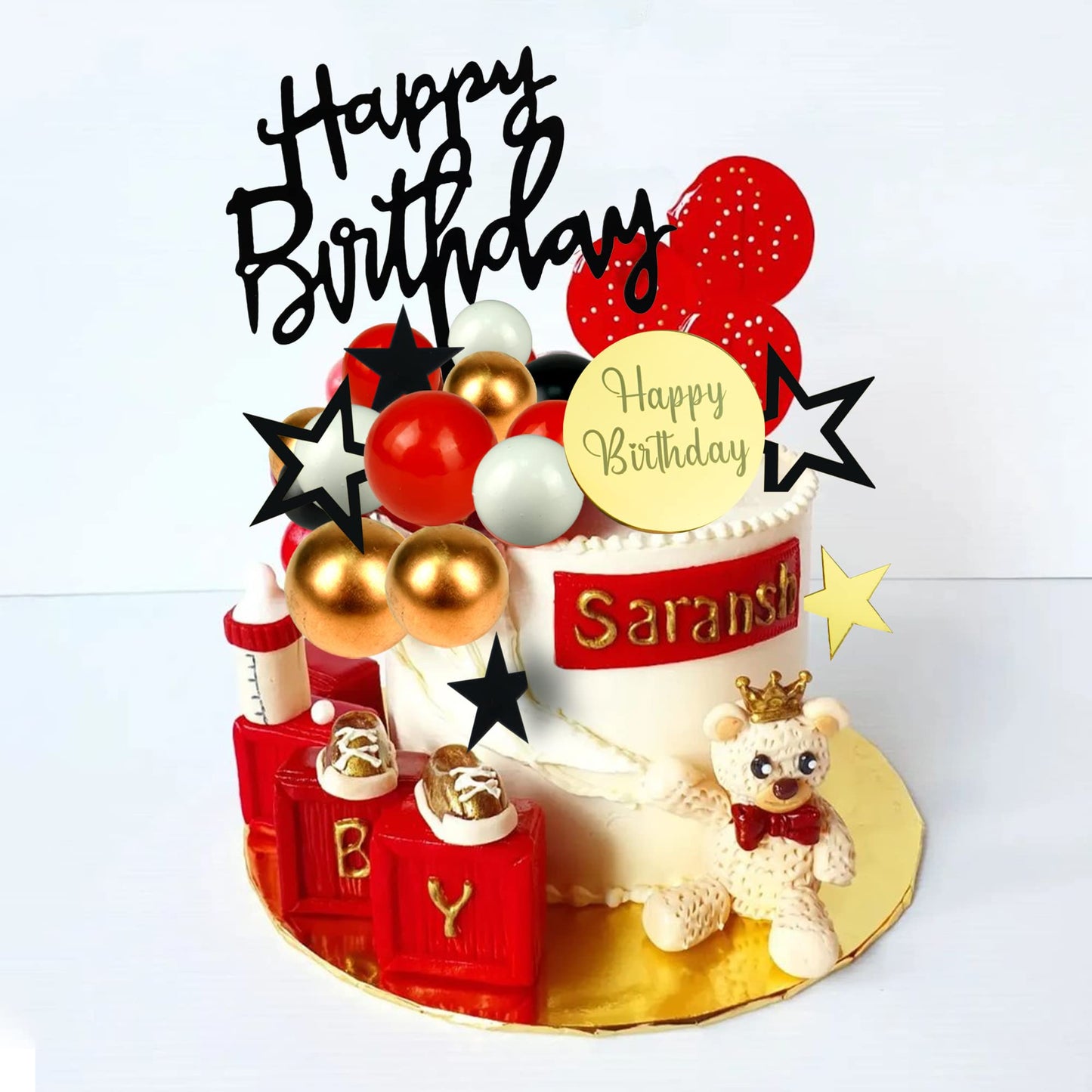Black Red Gold White Ball Cake Toppers Set, Acrylic Birthday Cake Toppers Star Cake Toppers Mirror Cupcake Topper Ball Shaped Ca