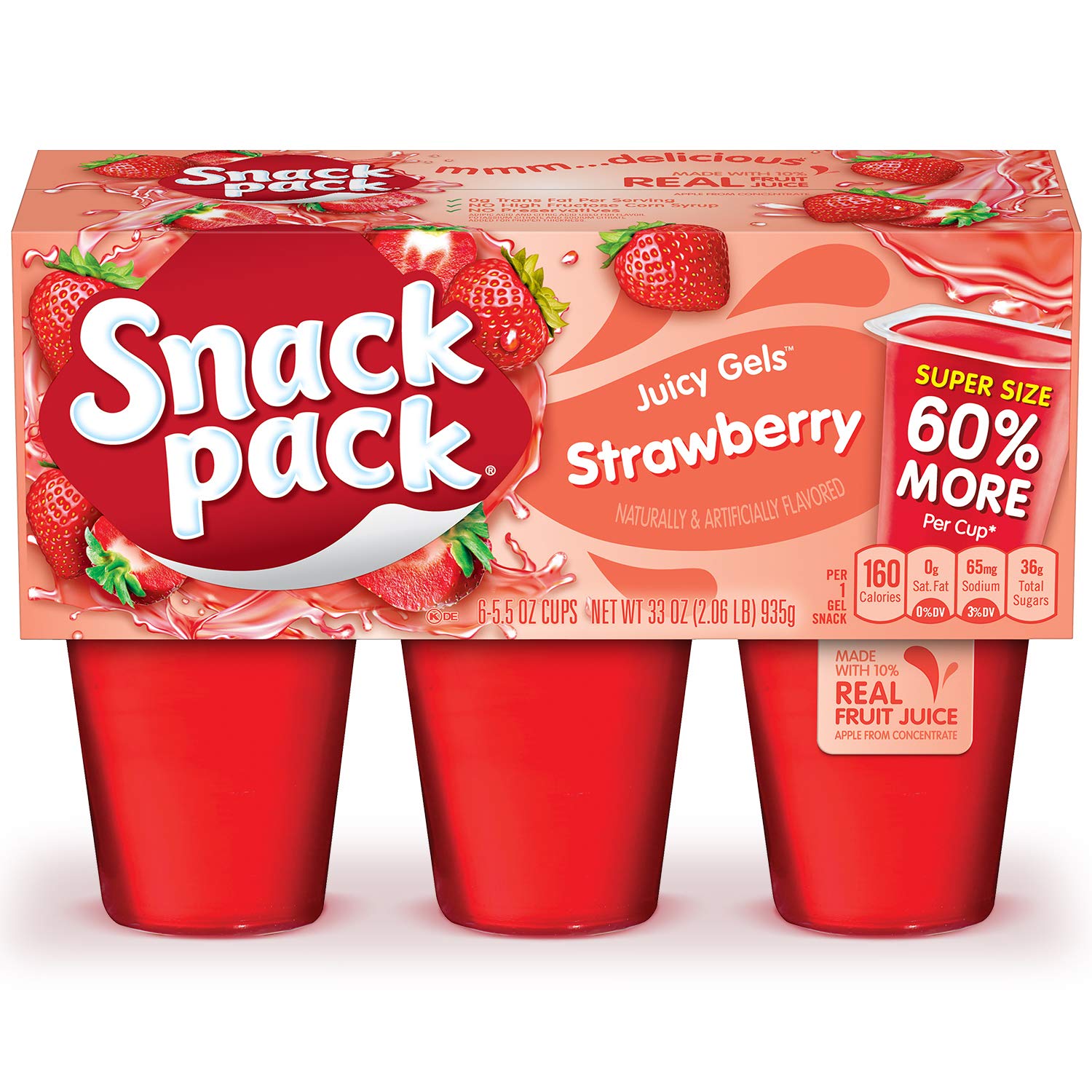 Snack Pack Strawberry Flavored Juicy Gels, Super Size, 6 Count Snack Cups (Pack Of 8)