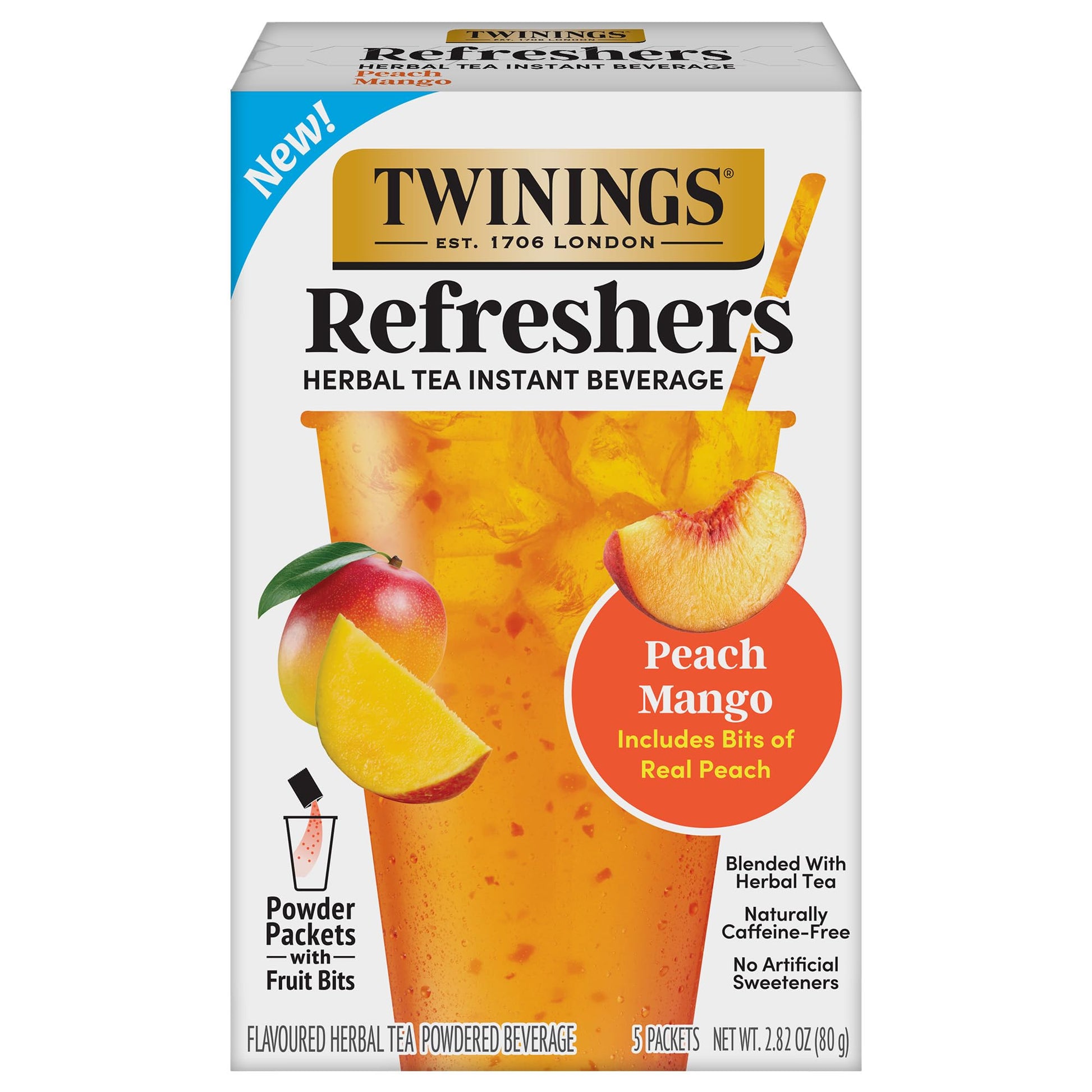 New Twinings Peach Mango Refreshers  Herbal Tea Instant Beverage With Real Peach Fruit Bits  5 Count (Pack Of 1)  Caf? Style  No Artificial Sweeteners  Naturally Energy Blend-Free Refreshment  5 Packets