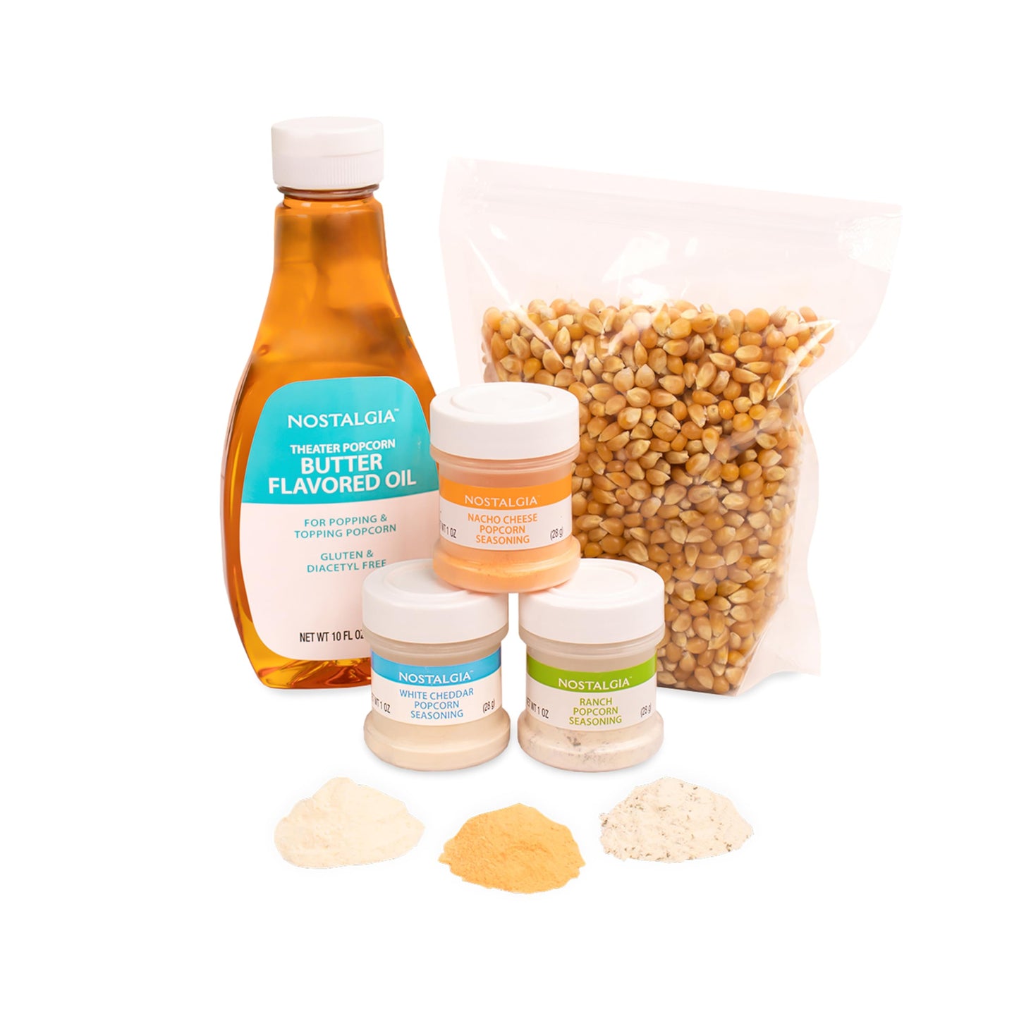 Nostalgia Popcorn Machine Kit with 1 lb Kernels & 12.5 oz Butter Oil - Includes Ranch, White Cheddar, & Nacho Cheese Seasoning