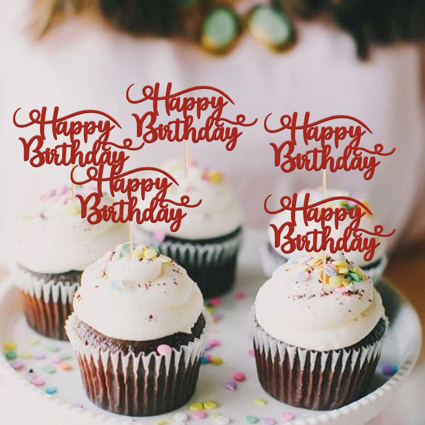 Rssta i 24 Pack Cupcake Toppers, Glitter Birthday Food Picks, Red, Model XM003-Red, Ideal for Happy Birthday Theme Party Decorations