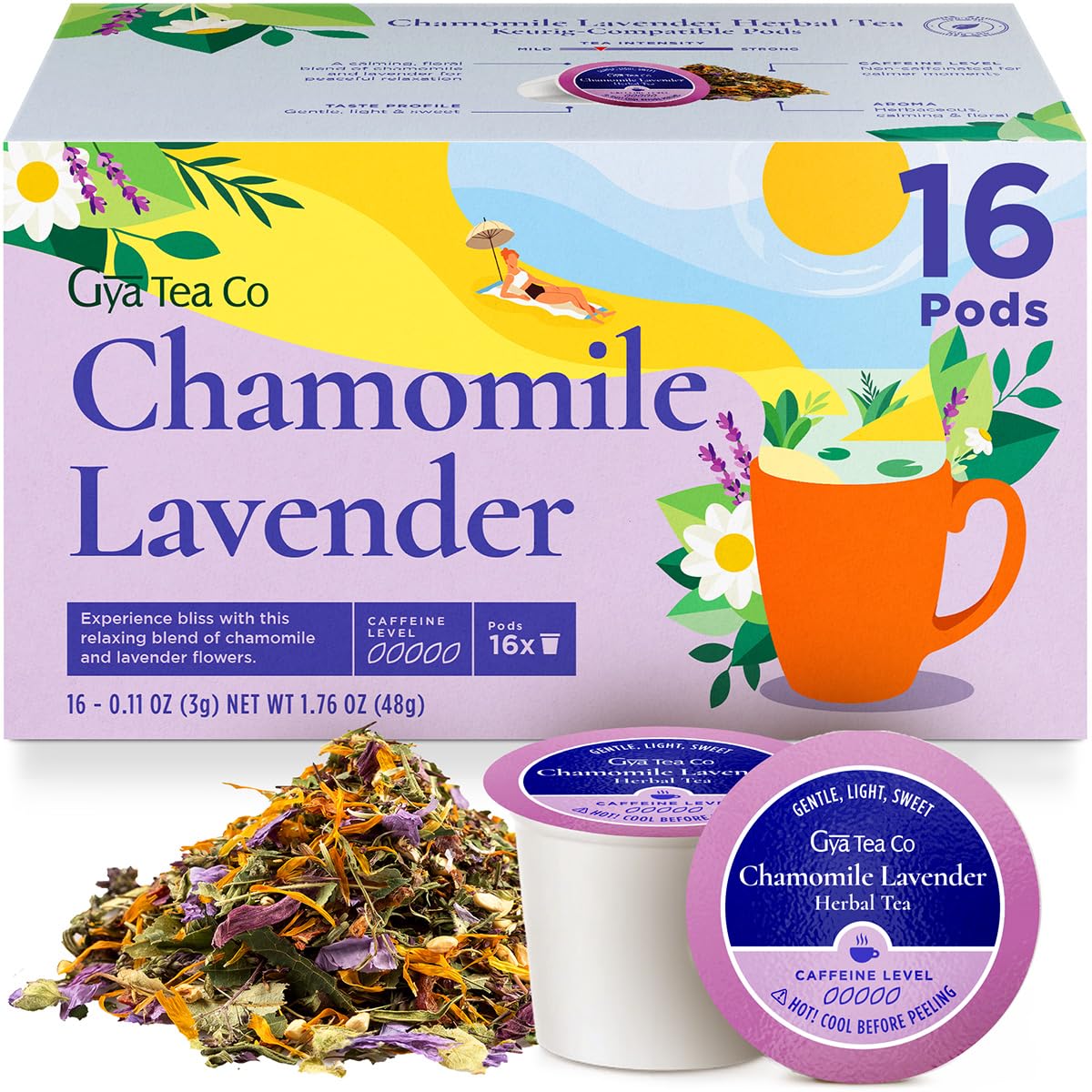 Gya Tea Co Chamomile Lavender Herbal Tea Pods - Decaf Wellness Tea, 16 Count