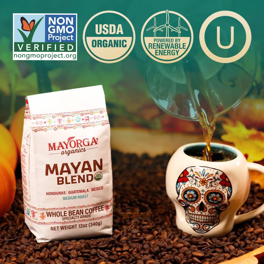 Mayorga Organic Coffee Mayan Blend, Medium Roast, Whole Bean, 12oz, 100% Arabica, USDA Organic, Non-GMO, Kosher