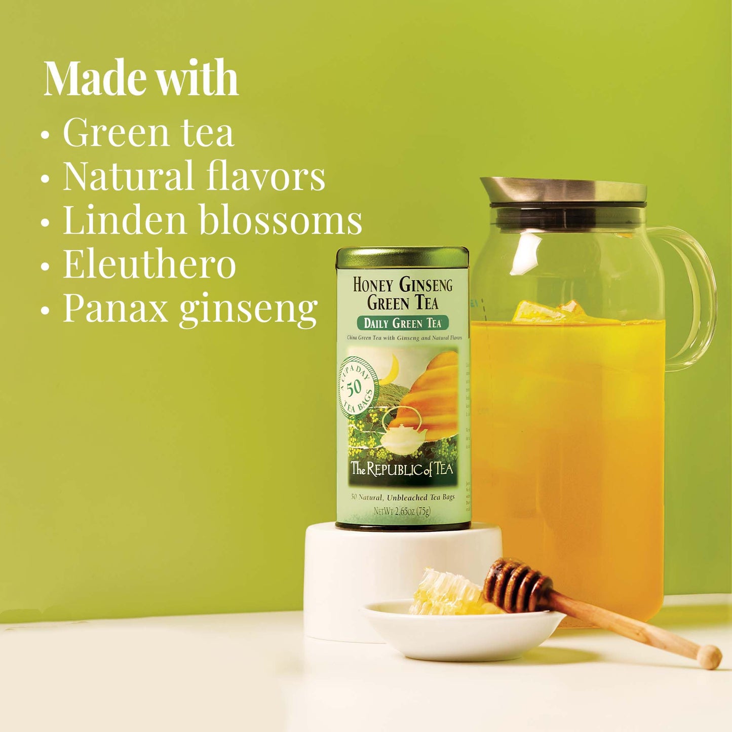 The Republic of Tea Honey Ginseng Green Tea, 50 Tea Bags, Flavored Gourmet, Caffeinated, Pack of 1