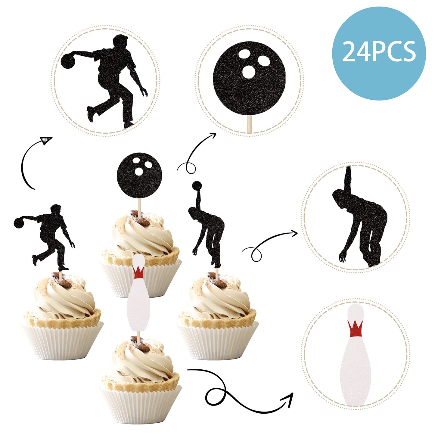 24 Pcs Bowling Cupcake Toppers Glitter Bowling Alley Players Cupcake Picks Indoor Sport Baby Shower Birthday Party Cake Decorati