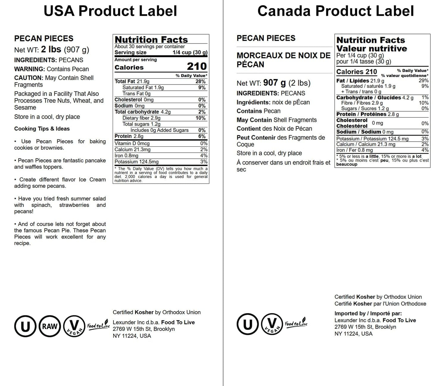 Food to Live Pecan Pieces, 2 Pounds - Chopped Raw Pecan Nuts, Unsalted, Unroasted, Shelled, Kosher, Vegan, Sirtfood, Bulk. Good