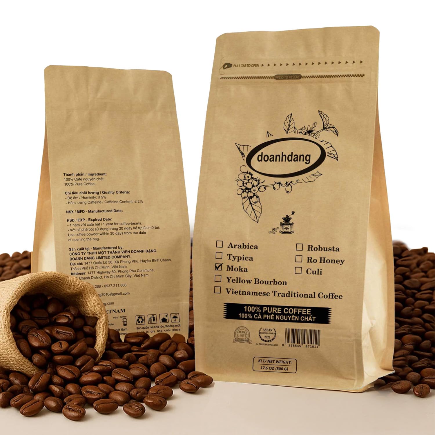 Doanhdang - 17.6 Oz Enhanced Moka Whole Bean Coffee, 100% Medium Roast, Rich Flavor For Espresso Shot And Brew, Origin From Vietnam, Whole Med Roast Beans
