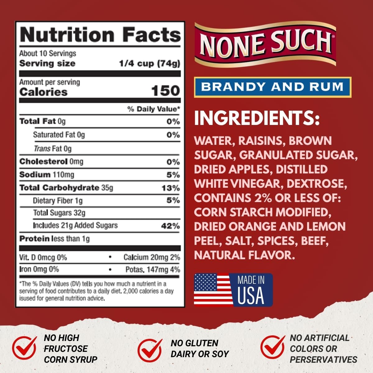 None Such Mincemeat Brandy & Rum - Classic Pie Filling with Apples  Raisins & Spices  27 oz Glass Jar (Pack of 3)  Holiday Baking Dessert Ingredient  Gluten-Free